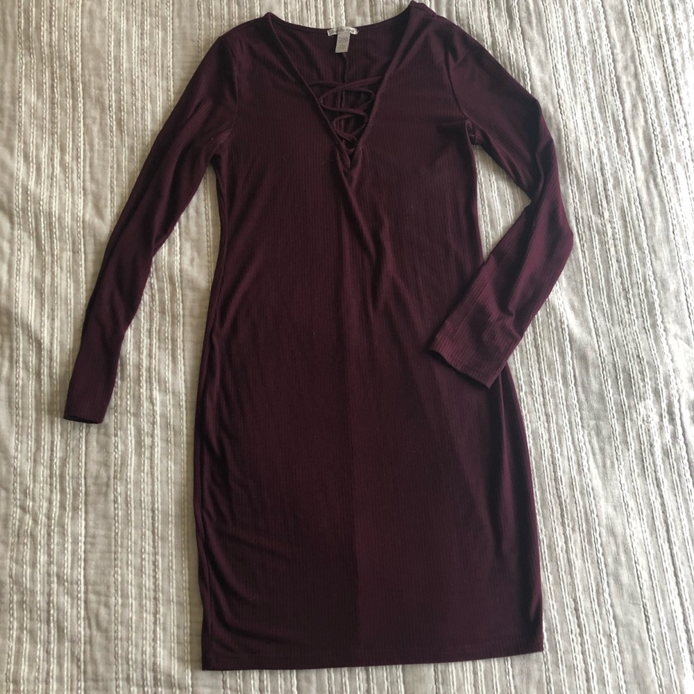 Charlotte Russe Maroon Body Con Lace Up Dress SZ L